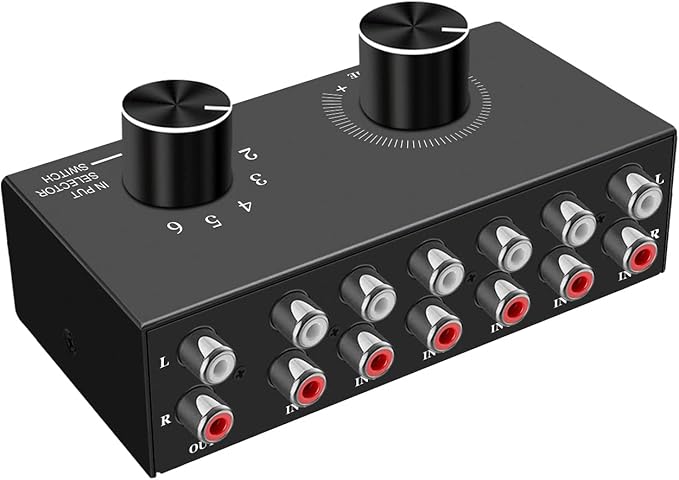 6-Way Audio Switcher, Right and Left Channel Stereo Audio Switcher, Plug & Play Compatible with TV, Blu -Ray Player, DVD Player, CD, Amplifier, Speaker (6 in-1 Out)