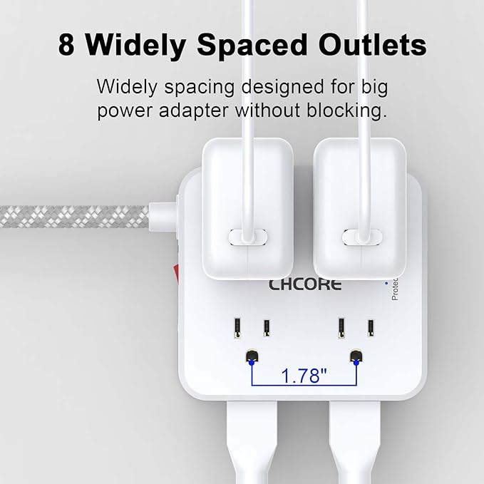 Surge Protector Power Strip - CHCORE 10 Ft Braided Extension Cord with 8 Outlets with 4 USB (2 USB C) Charging Ports, Flat Plug Multi Plug Outlet Extender Charging Station for Home Office, ETL, White