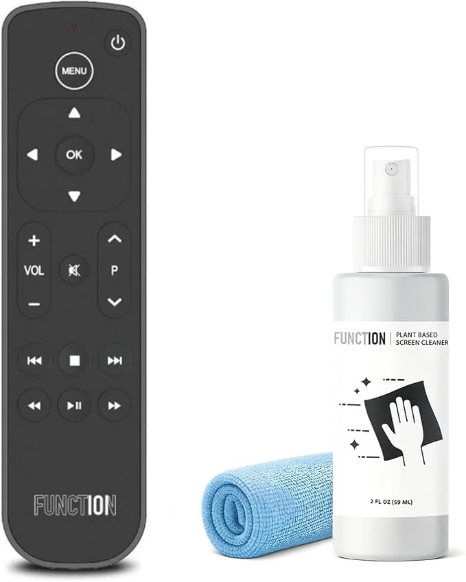 Function101 Bluetooth Replacement Button Remote for Apple TV + Electronics Screen Cleaner and 12" x 12" Cloth | BLE and Infrared Connectivity | 2 AAA Batteries Included