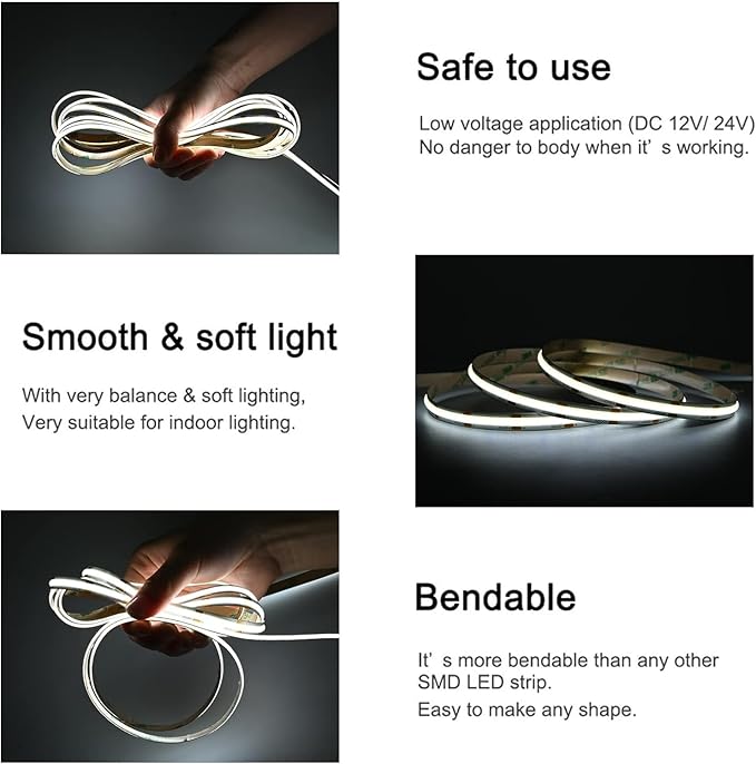 TUNICHX COB LED Strip Lights DC 24V LED Lights Flexible Super Bright LED Strips,16.4ft 6500K White,CRI 90+,2400LEDs High Density Uniform Light for Bedroom Home Decor (No Adapter or Controller)