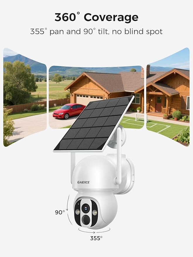 GAIEXCE Solar Home Security Camera System Wireless Outdoor, 4 Cam Kit with Base Station, No Subscription, Local Storage, Expandable 10CH, 2K 360° Pan Tilt, Color Night Vision, Works Offline, 2.4G/5G