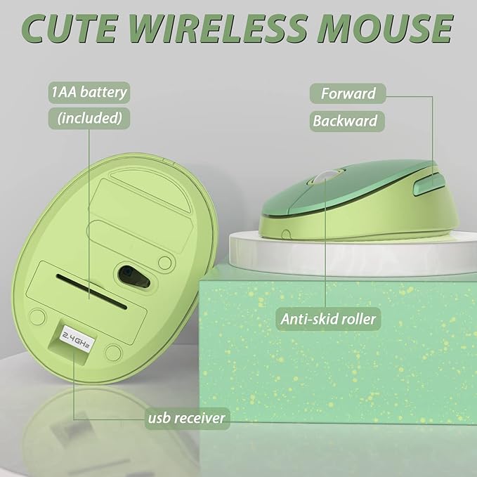 Green Wireless Keyboard and Mouse, KOOTOP Cute Green Colorful Keyboard and Mouse, 2.4G Wireless Keyboard with Retro Round Keycap for PC, Mac, Laptop,Tablet,Computer Windows (Green)