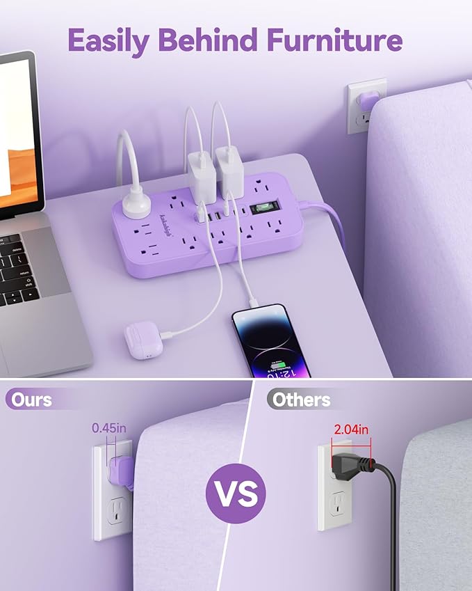 Purple Extension Cord with Multiple Outlets- 5 FT Lavender Power Strip, Girls Extension Cord with 11 AC Outlet 6 USB (24W/4.8A), Charging Station for Purple Women Lavender Desk Decor Essentials Gifts