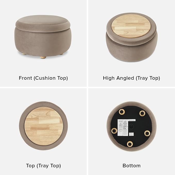 mopio Luna Round Ottoman with Storage and Tray, Round Coffee Table with Storage - Image 8