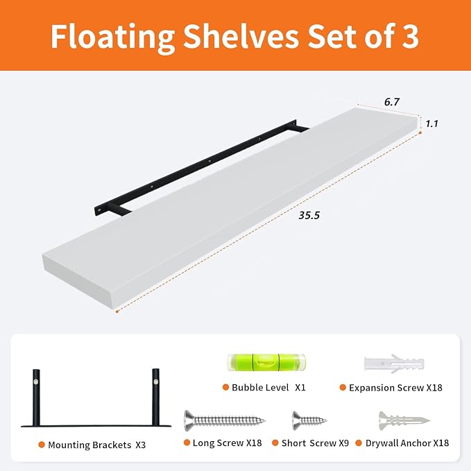 White Floating Shelves for Wall Set of 3, Heavy Duty Support, Large Capacity - Image 3