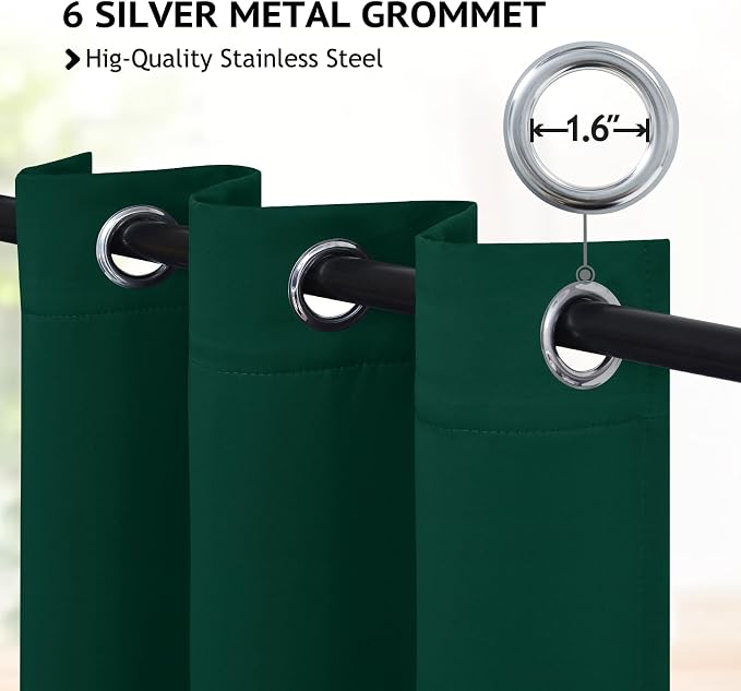 COSVIYA Grommet Room Darkening Dark Green Curtains 63 inch Long - Image 2