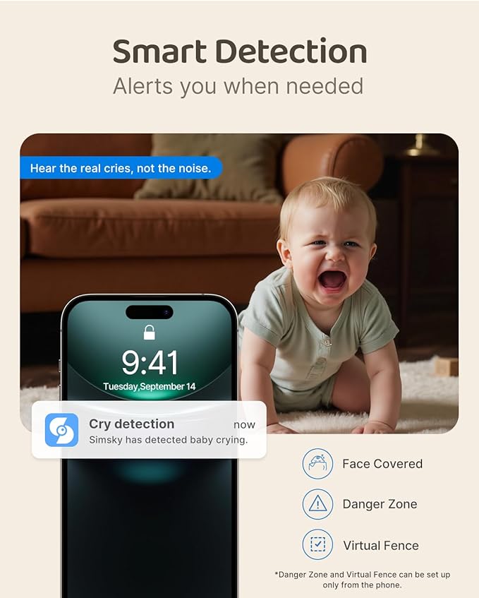 Simsky Split Screen Video Baby Monitor with Cameras, Dual 4MP Cameras with 6X Zoom, 7" UHD Touch Screen Portable Audio Baby Monitor 32GB Local Storage