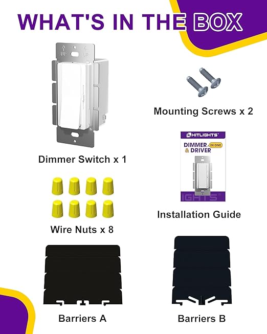 HitLights LED Driver and Dimmer Switch in One 60W, 120V AC to 12V DC, Compatible with Most Solid Color 12V Strip Tape Lights, UL Listed, Single-Pole/3-Way, EZDim Pro, White