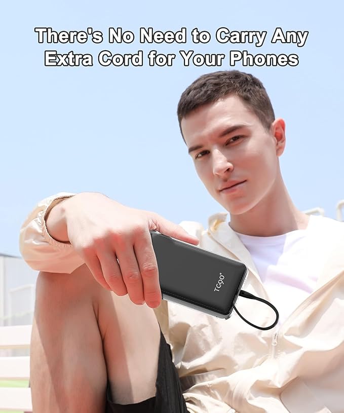 TG90° 2 Pack Slim Portable Charger with Built in Cables,10000mAh Power Bank Travel Charger Cell Phone External Battery Pack,4 Output Portable Bank Compatible with iPhone Android Phone