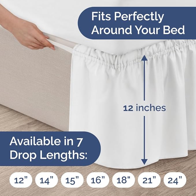 Wrap Around Dust Ruffle Bed Skirt - White - Twin/Twin XL Size Beds with 12 Inch Drop - Easy Fit Elastic Strap - Adjustable Pleated Bedskirt w/Brushed Fabric - Wrinkle Free - Women, Men, Kids & Teens