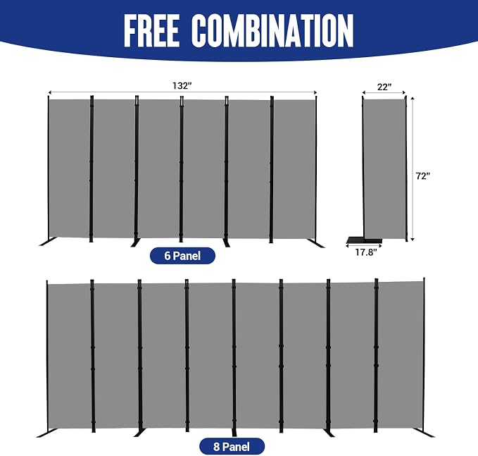 6 Panel Folding Privacy Screen, 11ft W x 6ft H Partition Room Divider Panel | - Image 5