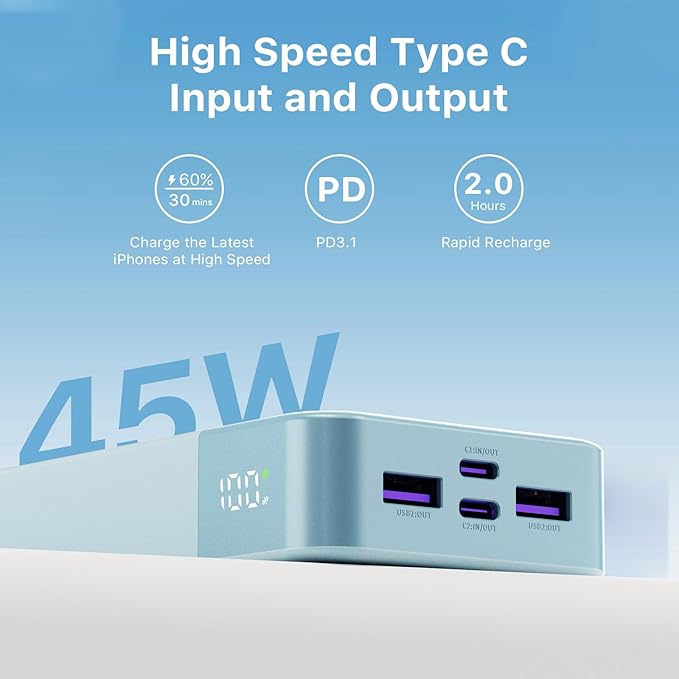 JUOVI J2621 Power Bank Portable Charger,20000mAh 45W PD3.0 QC 4.0 Fast Charging Battery Pack with LED Display,2 USB-C,2 USB-A for iPhone Tablet MacBook