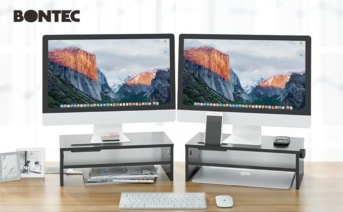 BONTEC Wooden Monitor Stand Riser, 2-Tier Desk Shelf with Storage Organizer, Ergonomic Computer Stand with Cable Management, Cellphone Holder, Black, 16.5 Inch