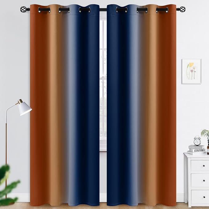 COSVIYA Grommet Ombre Dark Blue & Burnt Orange Curtains W52 x L84 Inch | - Image 3