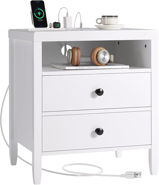 Huuger Nightstand with Charging Station, Bedside Table with Storage, Modern - Image 9