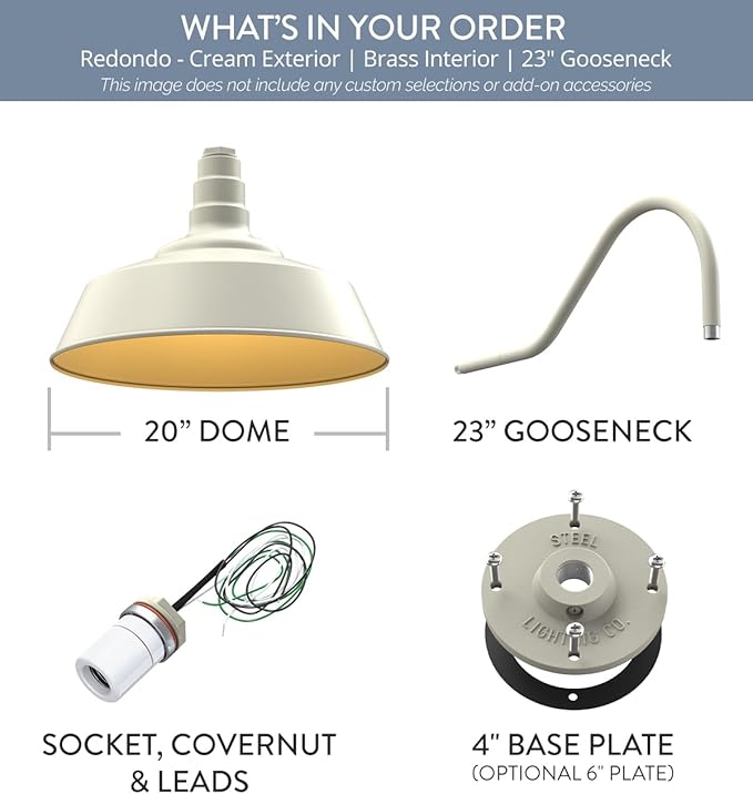 Steel Lighting Co. Large Outdoor Barn Light | Gooseneck Light Fixture | Made in America from 18-Gauge Steel | 20" Dome | 23" Gooseneck Cream Exterior/Brass Interior