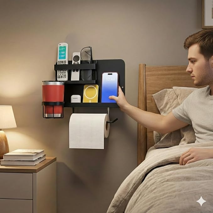 Bedside Shelf for Bed, Metal Floating Nightstand Wall Organizer, No Drill Dorm - Image 3