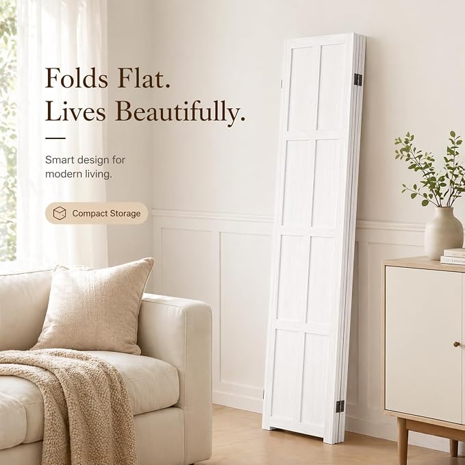 4 Panel Solid Wood Room Divider Folding Privacy Screen White | Freestanding - Image 4
