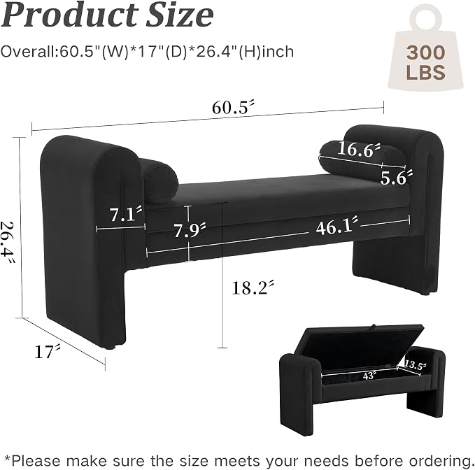 61" Velvet End of Bed Bench, Upholstered Seat - Image 2