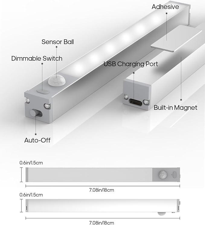 GOODEA Led Under Cabinet Lights Wireless, 7’’ Rechargeable Motion Sensor Light Indoor, Dimmable Closet Lights for Cabinets, Bookshelf, Stair, Hallway
