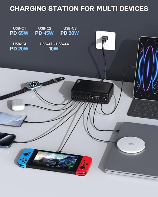 USB C Charger Block, 200W 8 Port USB C Charging Station, GaN Type C & A Charger Fast Charging Desktop Hub PD Block Laptop Adapter for Apple iPhone Air 17 16 15,iPad Pro/Air/Mini,MacBook Pro/Air,Galaxy