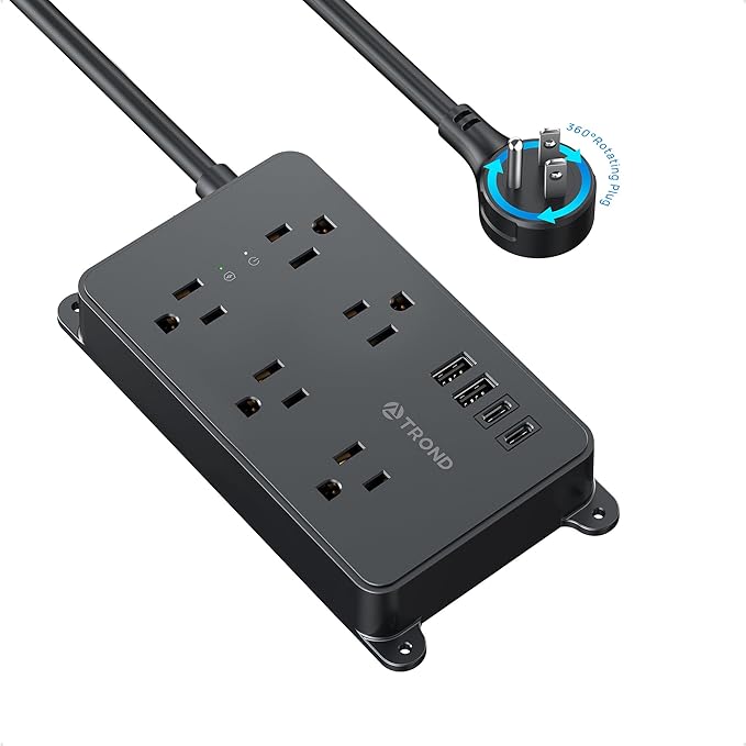 TROND 360° Rotating Flat Plug Power Strip, 5 Widely-Spaced Outlets with 2 USB A and 2 USB C, ETL Listed, 1300J Surge Protector, Wall Mountable, 5ft Extension Cord, for Home Office, Black