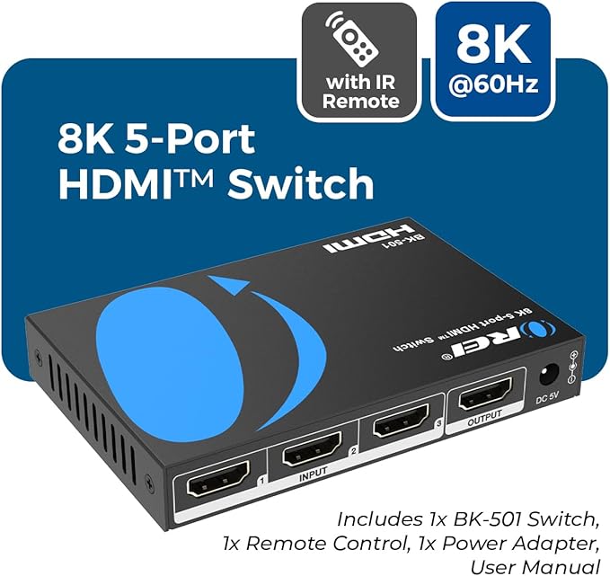 OREI 8K HDMI Switch 5 in 1 Out – HDMI Switch with Remote 8K@60Hz 4:2:0/4K@120Hz 4:4:4-48Gbps Switcher with HDR10+, VRR, ALLM & QFT, CEC - for PS5, Xbox, Roku, Fire TV