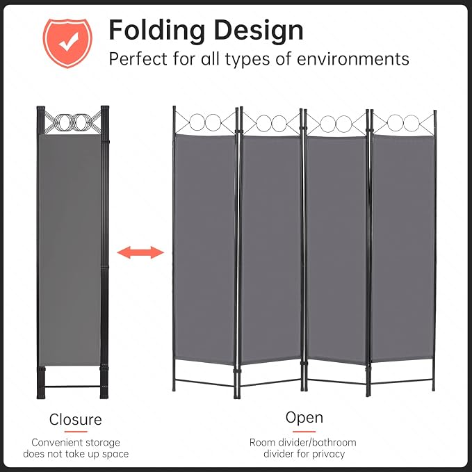 4 Panel Room Divider 6FT Steel Frame Screen Folding Privacy Divider - Image 3