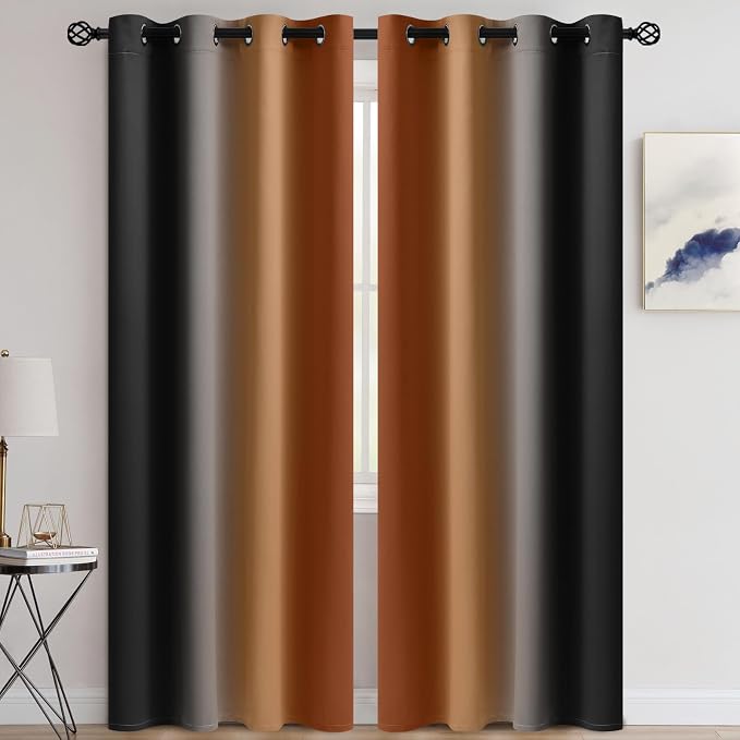 COSVIYA Grommet Drapes Burnt Orange and Black Curtains W52xL84 Inch | Gradient - Image 2