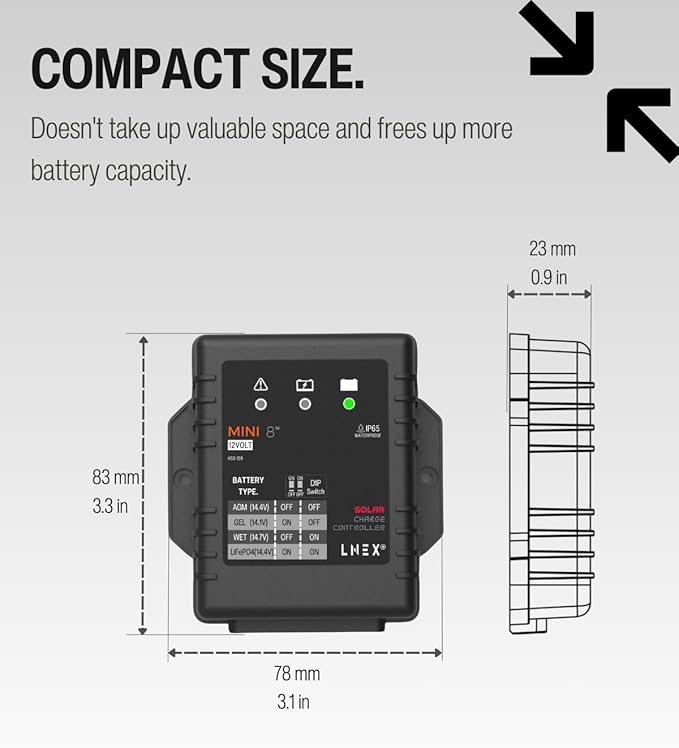 LNEX Solar Charge Controller Waterproof 8A, 12V Mini Solar Panel Battery Intelligent Regulator with LED Indicator for LiFePO4,AGM, Gel, Flooded and Lithium Battery