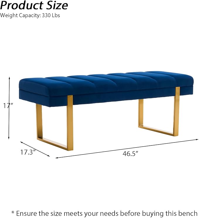 46" Velvet Navy Bench with Gold Legs - Image 2