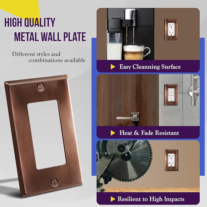 ENERLITES Decorator Switch or Outlet Metal Wall Plate, Stainless Steel Outlet Cover, Corrosion Resistant, Size 1-Gang 4.50" x 2.76", Stainless Steel 201, 7731-AC, Antique Copper