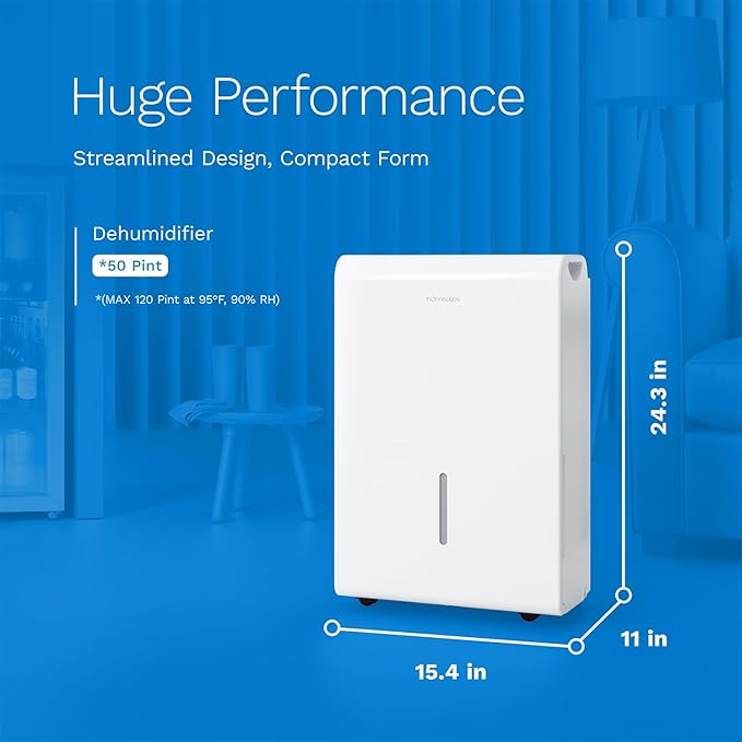hOmeLabs Dehumidifier for Home, Office, Basements with Powerful Moisture Removal, Humidity Control, Auto Shut-off, Quiet Operation - 7,000 Sq Ft Wi-Fi (50 Pint MAX 120 Pint at 95°F, 90% RH)