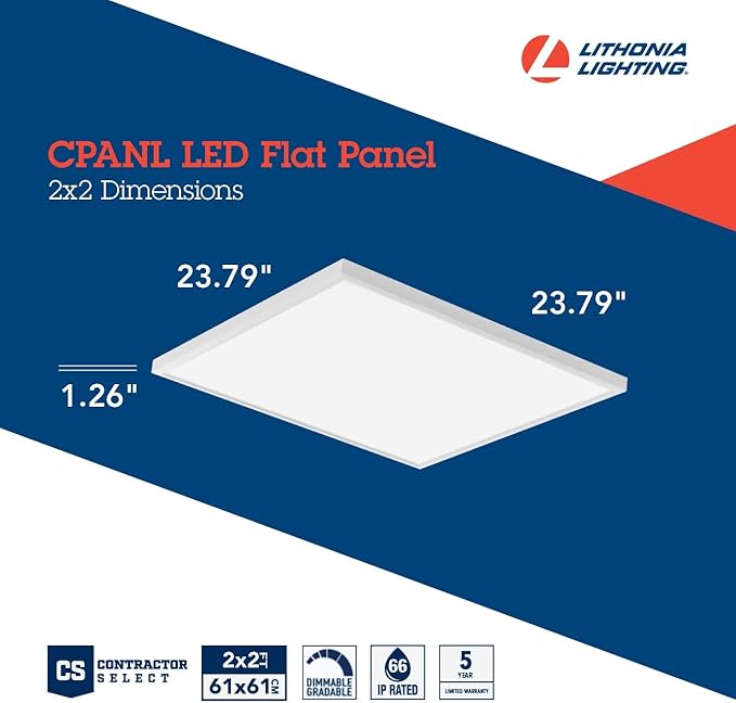 Lithonia Lighting CPANL 2x2 LED Flat Panel Light, 2 ft. by 2 ft. LED Light Panel, Ceiling Lighting Fixture, 3300 Lumens, 3500K/4000K/5000K Switchable CCT, Includes Direct Ceiling Mount Bracket, White