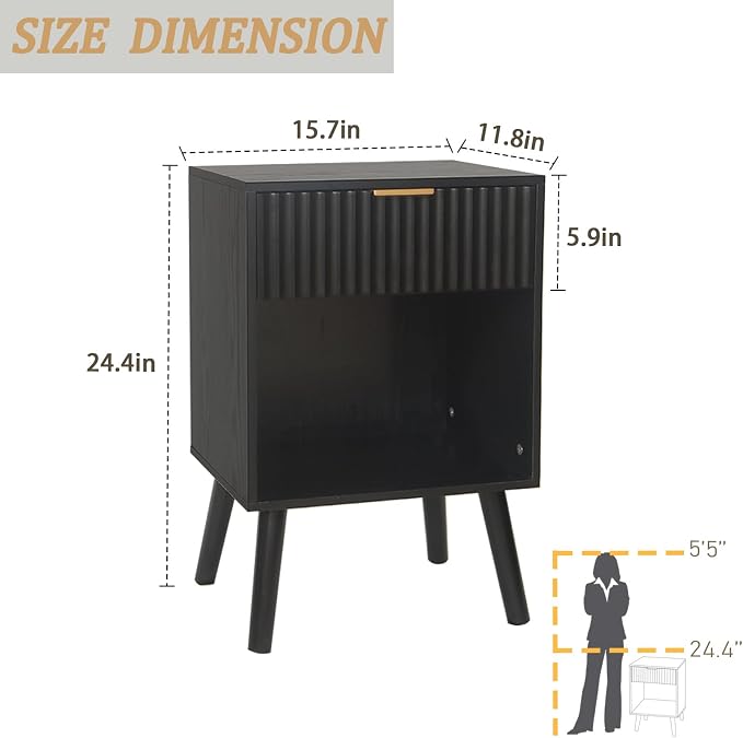 Fultyle Black Fluted Nightstand, Modern Bedside Table - Image 3