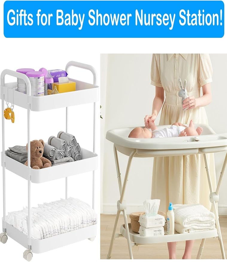 Volnamal Diaper Caddy Cart, 3-Tier Plastic Rolling Cart - Image 6