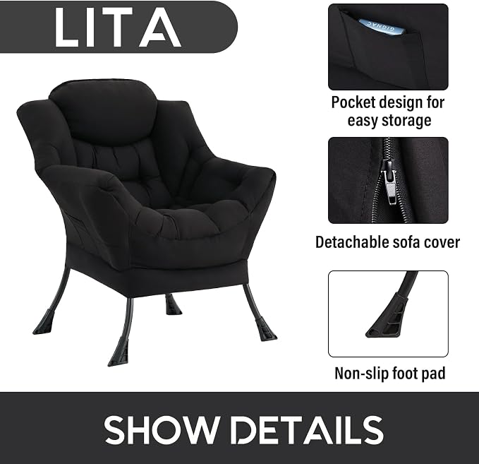 Lazy Chair with Ottoman, Comfy Accent Reading Chair, Removable Cover, with - Image 4