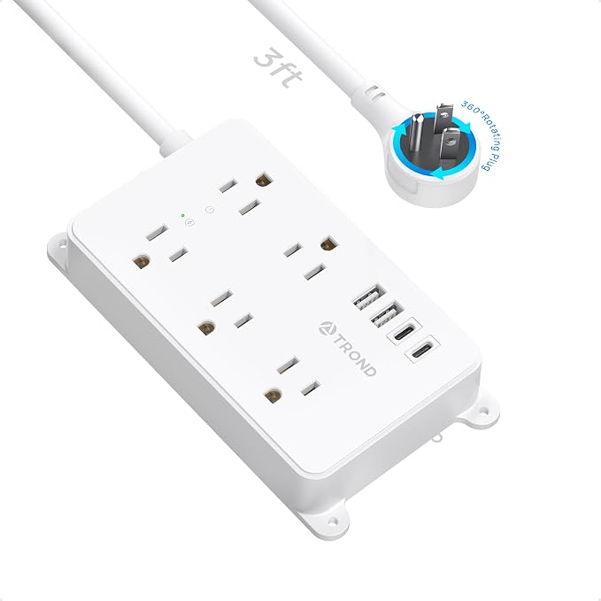 TROND 360° Rotating Flat Plug Power Strip, 3ft Extension Cord, ETL Listed by TRONDOfficial