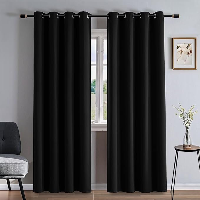 Curtains 96 Inches Long 2 Panels Set, Blackout Curtains for Bedroom Living Room, Thermal Insulated Grommet Room Darkening Drapes for Privacy Home Decor Windows(W52 x L96, Black)