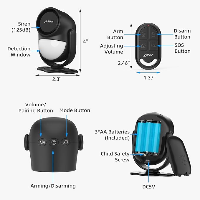 CPVAN 125dB Loud Motion Sensor Alarm with 328ft Remote Control (40ft PIR Detector, Batteries), Indoor Wireless Infrared Security Motion Detector with Siren for Home Garage Van (CP2 Pro, Black)