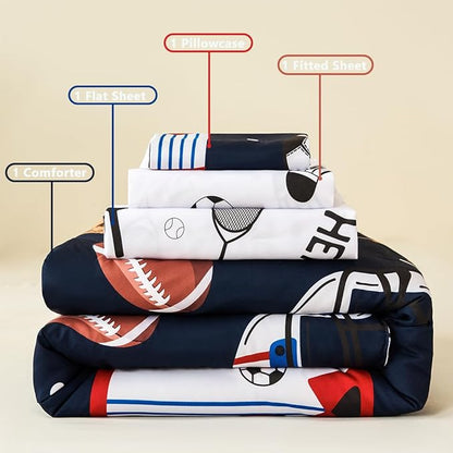 PERFEMET 4 Pieces Sports Toddler Bedding Sets for Boys Reversible Baseball Football Toddler Bed Set with Sheets Soft Fluffy Navy Blue Sport Kids Bed in a Bag for Bedroom(Sport, Toddler)