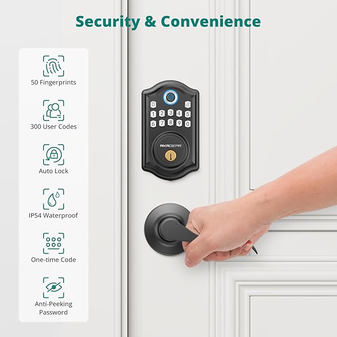 AkaGear DS10 Keyless Entry Door Lock with Handle - 2 Lever Handles, Fingerprint Door Lock, Keypad Deadbolt, 2 Keys, Code, Smart Locks for Front Door, Auto-Lock, Easy Installation - Matte Black
