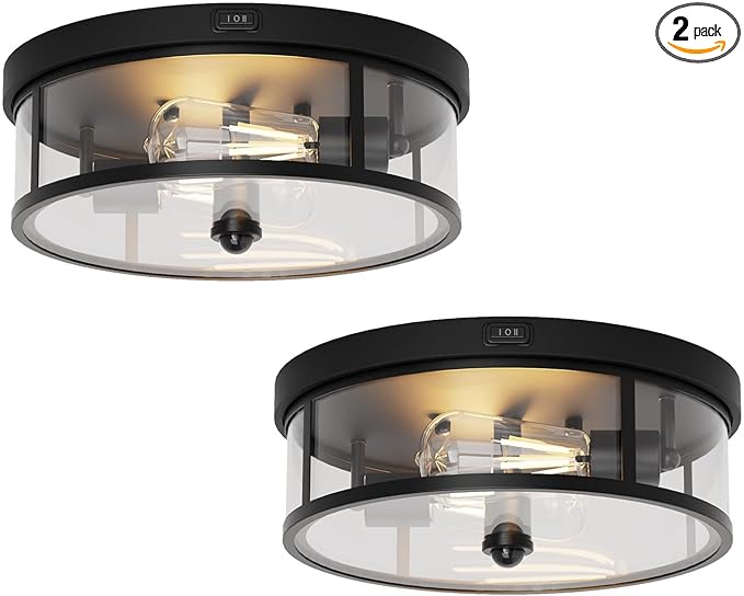 Craftersmark 2Pack Outdoor Flush Mount Ceiling Light 12.5In - Motion Sensor Porch Light, 2-Light E26 Socket, Durable Iron & Clear Glass, Light Fixtures for Porch, Driveway, Covered Patio, Farmhouse