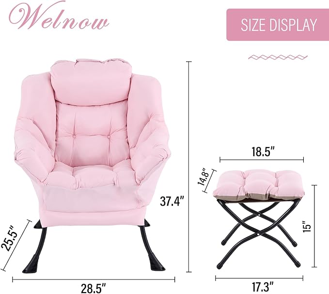 Welnow Lazy Chair with Ottoman, Reading Chair with Footrest，Pink | A Side Pocket - Image 3
