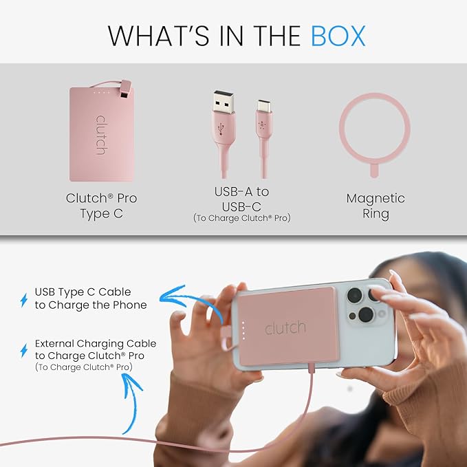 Clutch - Pro USB-C Portable Charger - Compatible with iPhone 15, 16, 17 & Android Devices - Power Bank Magnetic Battery - TSA Travel Approved - USB Rechargeable - Built-in Cable - 5000 mAh - 3.7oz