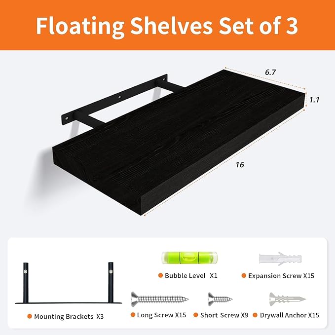 Floating Shelves for Wall Set of 3, 16 Inch Black Floating Shelves Bedroom | - Image 3