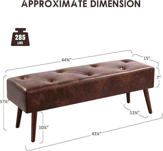 44 Inch Tufted Bench, Leather Footrest Bedroom Bench Seat, Upholstered Leather - Image 3