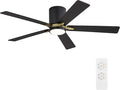 WINGBO 52" DC Flush Mount Ceiling Fan with Lights, 5 Plywood Blades, 6-Speed Reversible DC Motor, 3CCT, Low Profile Hugger Ceiling Fan for Living Room Bedroom Kitchen, Black and Brass