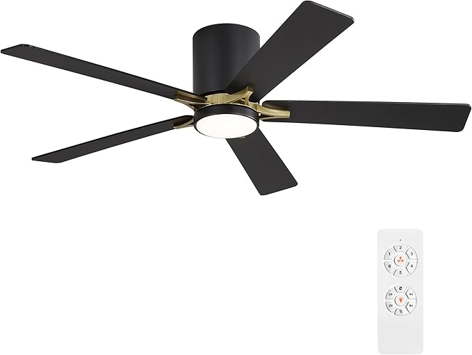 WINGBO 52" DC Flush Mount Ceiling Fan with Lights, 5 Plywood Blades, 6-Speed Reversible DC Motor, 3CCT, Low Profile Hugger Ceiling Fan for Living Room Bedroom Kitchen, Black and Brass