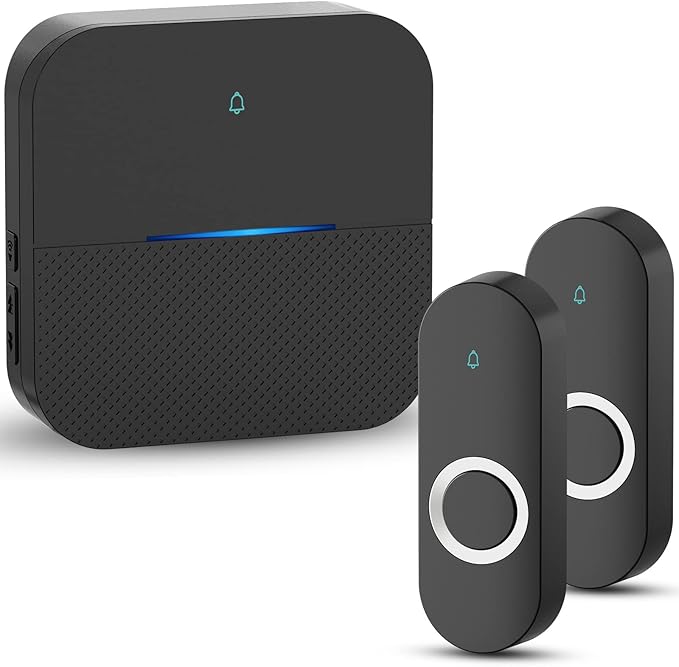 AIDA Lighted Wireless Doorbell for Home, Waterproof Battery Doorbell 1,000ft Range, 5 Volume Levels with 58 Doorbell Chimes & LED Flash (Black, Doorbell with 2 transmitters & 1 Receiver)